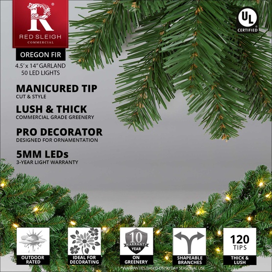 9' x 14" Oregon Fir Prelit Commercial LED Christmas Garland, 100 Warm White Lights