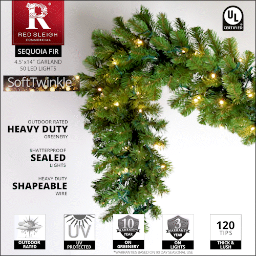 9' x 14" Sequoia Fir SoftTwinkle Prelit Commercial LED Christmas Garland, 100 Warm White Lights