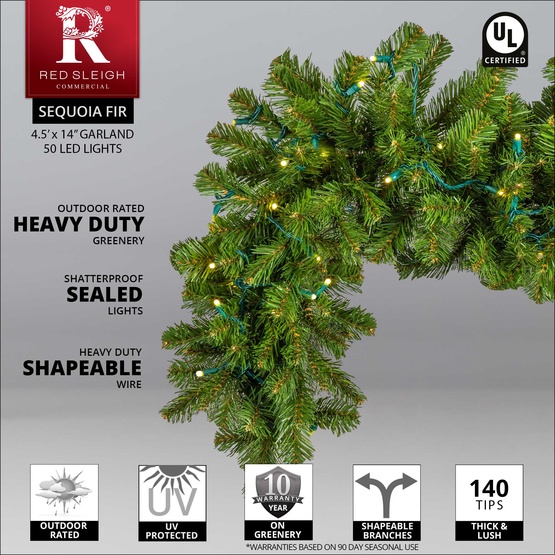 4.5' x 14" Sequoia Fir D5 Lux360 TM Prelit Commercial LED Christmas Garland, 50 Warm White Lights