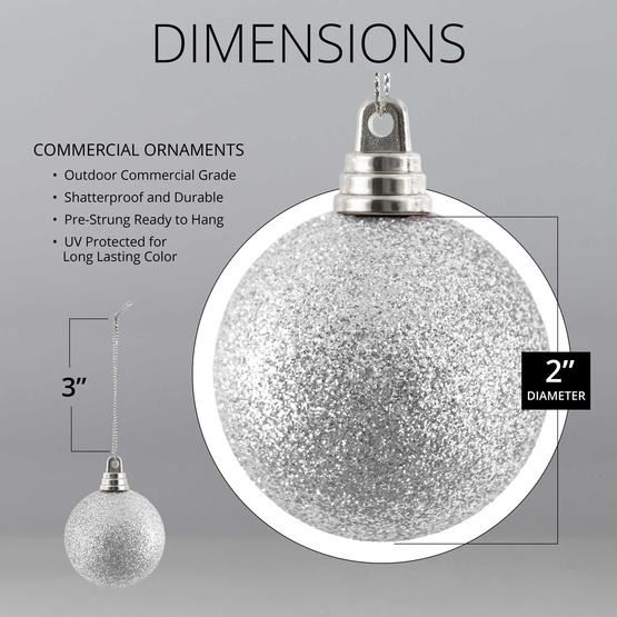 2" Silver Shatterproof Commercial Christmas Ornament, Glitter Finish