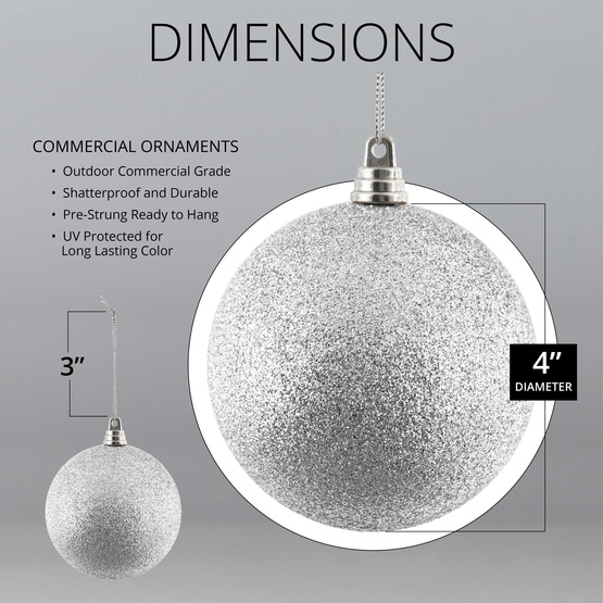 4" Silver Shatterproof Commercial Christmas Ornament, Glitter Finish