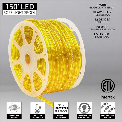 Yellow LED Rope Light, 2 Wire 1/2