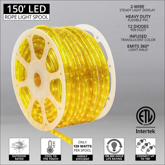 150' Yellow LED Rope Light, 2 Wire 1/2", 120 Volt