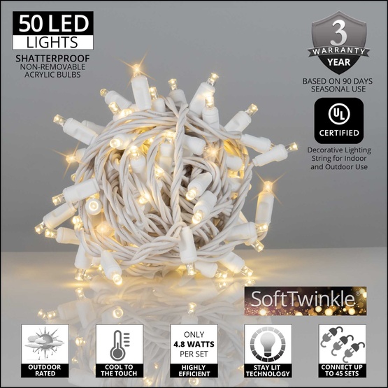 50 5mm Warm White SoftTwinkle LED Christmas Lights, 4" Spacing, White Wire