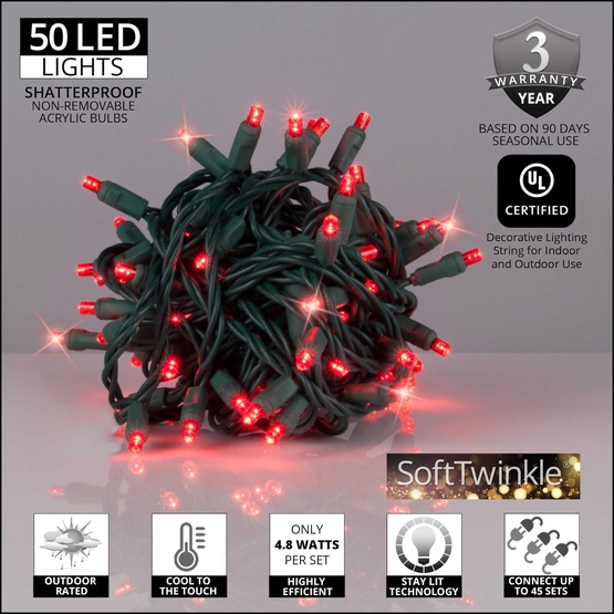50 5mm Red SoftTwinkle LED Christmas Lights, 4" Spacing