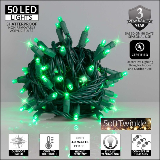 50 5mm Green SoftTwinkle LED Christmas Lights, 4" Spacing