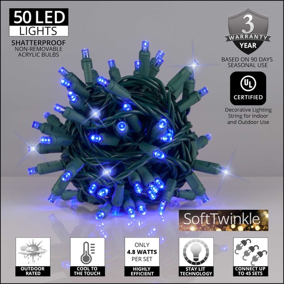 50 5mm Blue SoftTwinkle LED Christmas Lights, 4" Spacing