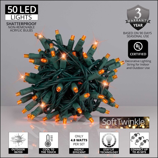 50 5mm Amber SoftTwinkle LED Christmas Lights, 4" Spacing