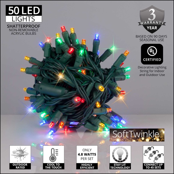 50 5mm Multi Color SoftTwinkle LED Christmas Lights, 4" Spacing