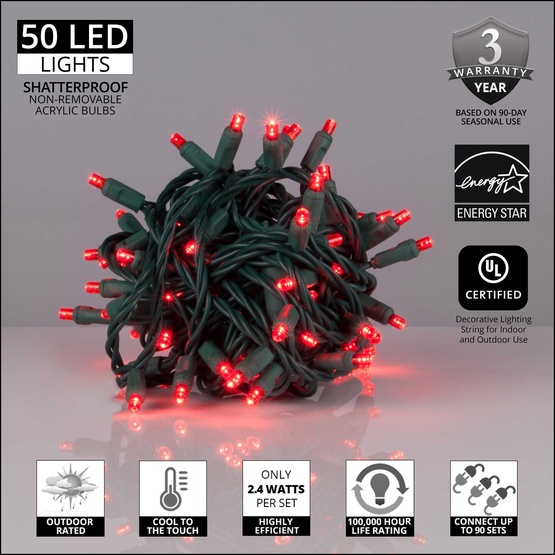 50 5mm Red LED Christmas Lights, 6" Spacing