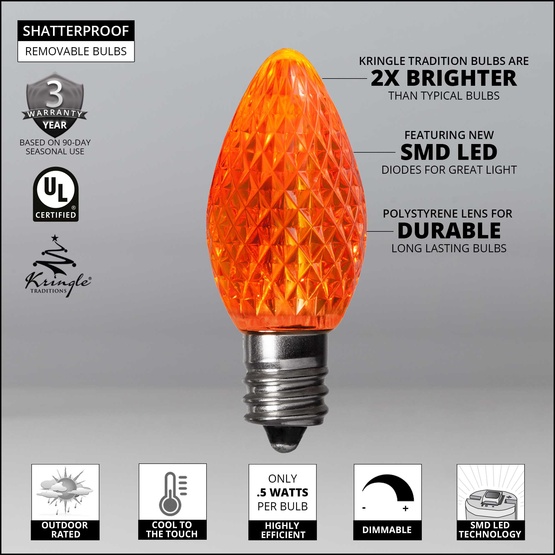 Kringle Traditions TM C7 120V Dimmable Amber / Orange LED Christmas Light Bulbs