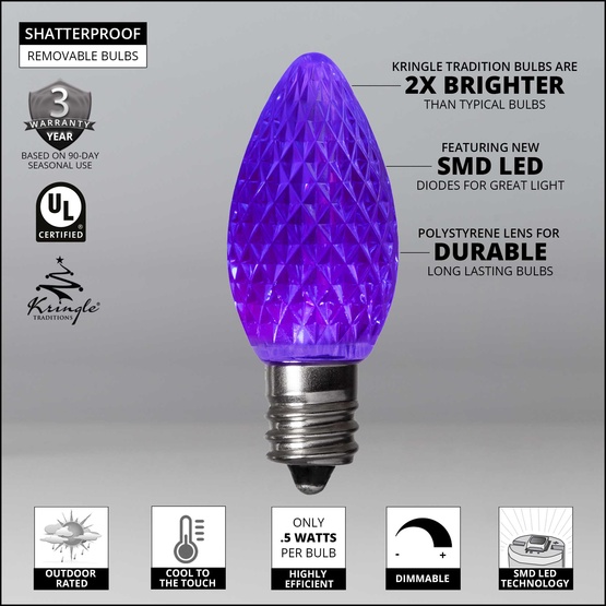 Kringle Traditions TM C7 120V Dimmable Purple LED Christmas Light Bulbs