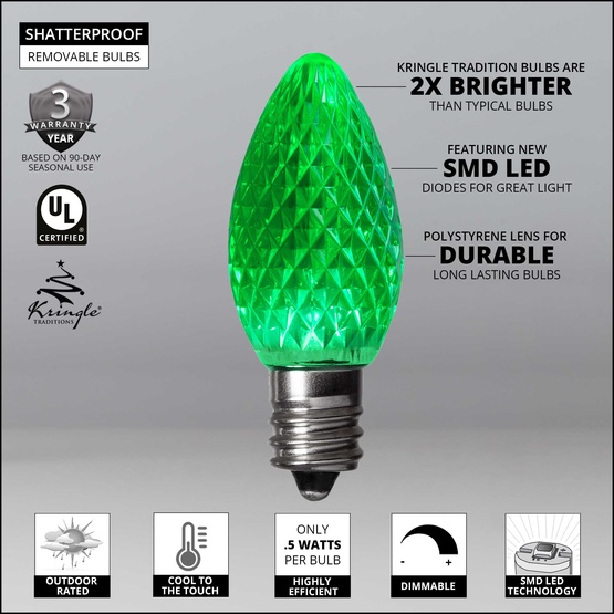 Kringle Traditions TM C7 120V Dimmable Green LED Christmas Light Bulbs