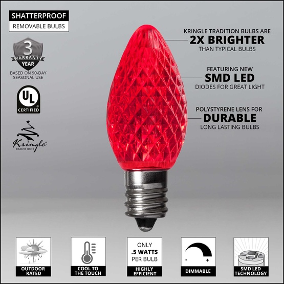 Kringle Traditions TM C7 120V Dimmable Red LED Christmas Light Bulbs