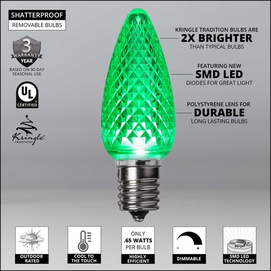 Kringle Traditions TM C9 120V Dimmable Green LED Christmas Light Bulbs