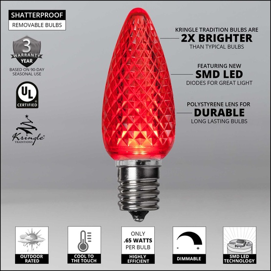Kringle Traditions TM C9 120V Dimmable Red LED Christmas Light Bulbs