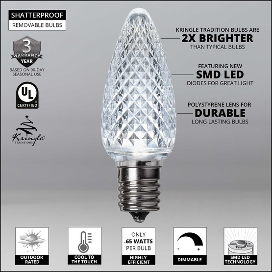 Kringle Traditions TM C9 120V Dimmable Cool White LED Christmas Light Bulbs