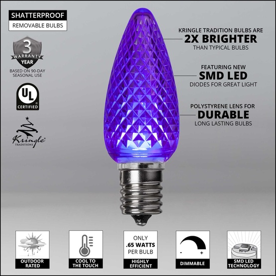 Kringle Traditions TM C9 120V Dimmable Purple LED Christmas Light Bulbs