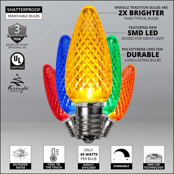 Kringle Traditions TM C9 120V Dimmable Multicolor LED Christmas Light Bulbs