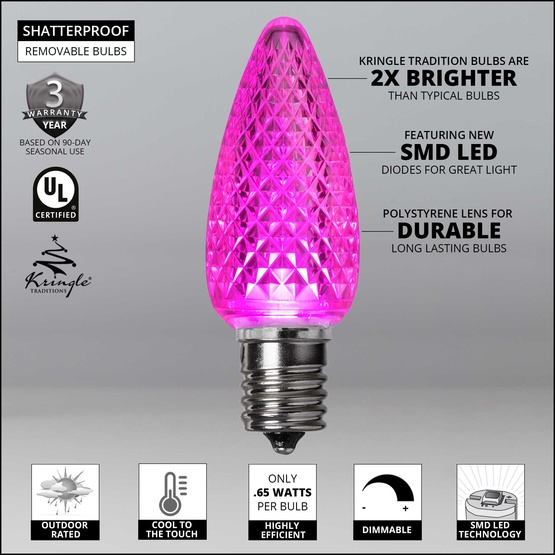 Kringle Traditions TM C9 120V Dimmable Pink LED Christmas Light Bulbs