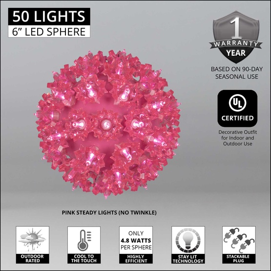 6" Pink T5 LED Starlight Sphere, 50 Lights