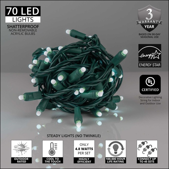 70 D5 TM Cool White Lux360 TM LED Christmas Lights, 4" Spacing