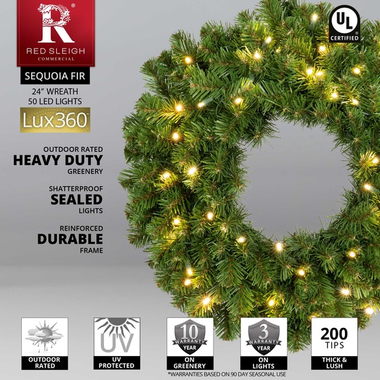 24" Pre-lit Commercial Sequoia Fir LED Christmas Wreath, 50 Warm White Lux360 D5 Lights