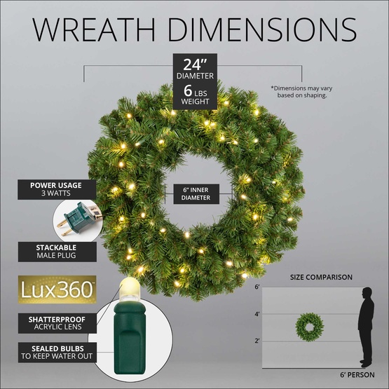 24" Pre-lit Commercial Sequoia Fir LED Christmas Wreath, 50 Warm White Lux360 D5 Lights