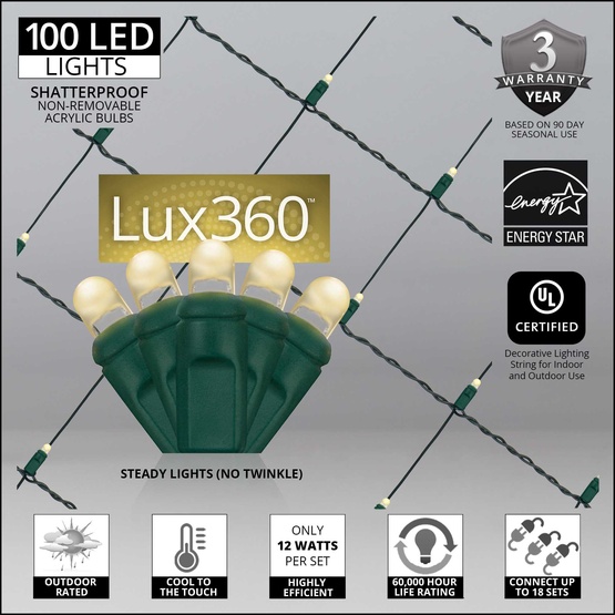 4' x 6' Lux360 TM Warm White D5 TM LED Net Lights, Green Wire