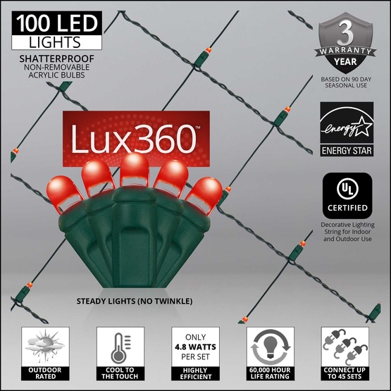 4' x 6' Lux360 TM D5 TM Red LED Net Lights, Green Wire
