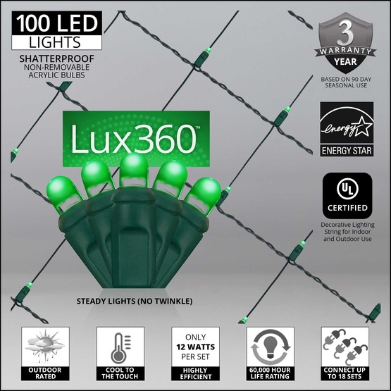 4' x 6' Lux360 TM Green D5 TM LED Net Lights, Green Wire
