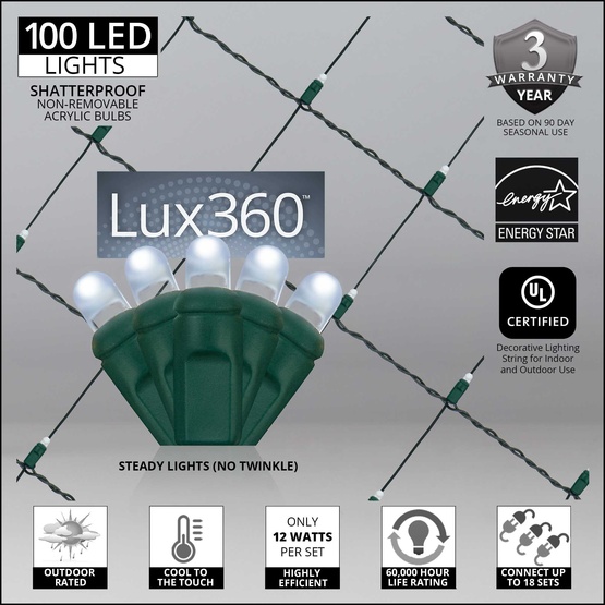 4' x 6' Lux360 TM Cool White D5 TM LED Net Lights, Green Wire