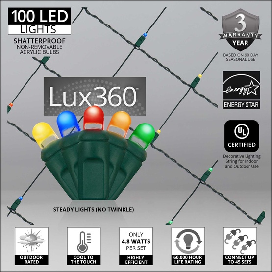 4' x 6' Lux360 TM D5 TM Multicolor LED Net Lights, Green Wire