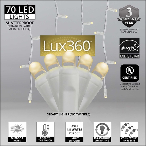 70 Lux360 TM D5 TM Warm White LED Icicle Lights