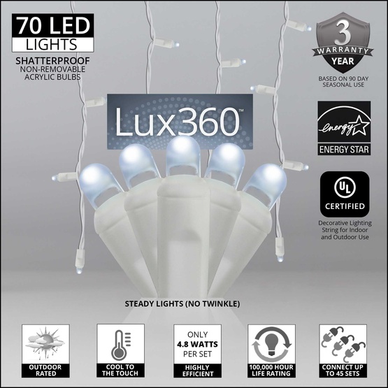 70 Lux360 TM D5 TM Cool White LED Icicle Lights