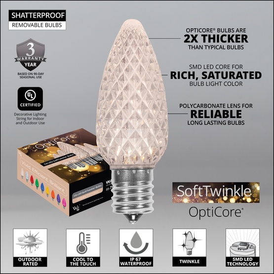 C9 SoftTwinkle Warm White OptiCore LED Christmas Light Bulbs, Box of 25