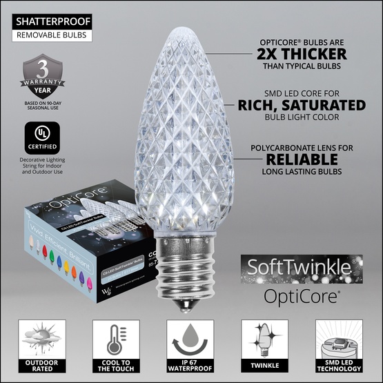 C9 SoftTwinkle Cool White OptiCore LED Christmas Light Bulbs, Box of 25