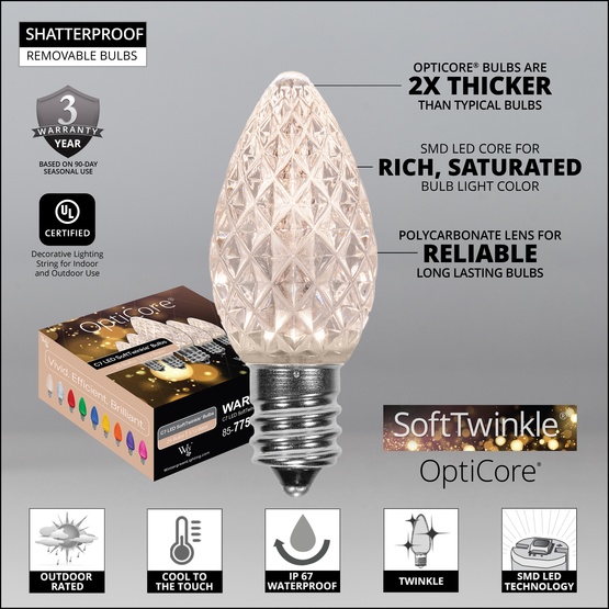 C7 SoftTwinkle Warm White OptiCore LED Christmas Light Bulbs, Box of 25