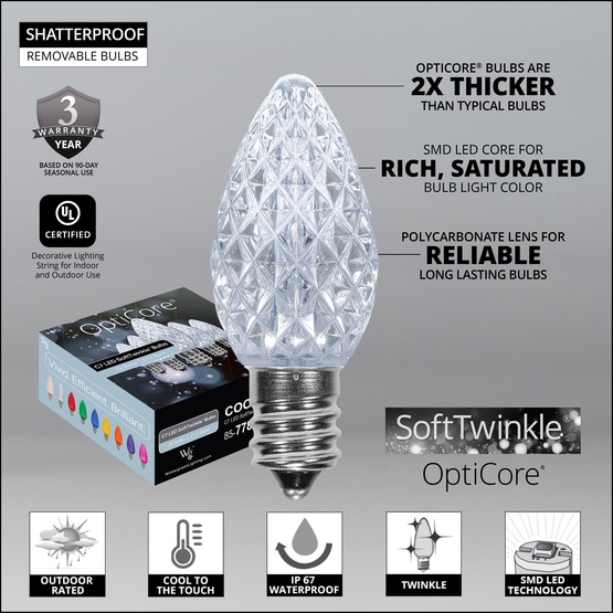 C7 SoftTwinkle Cool White OptiCore LED Christmas Light Bulbs, Box of 25