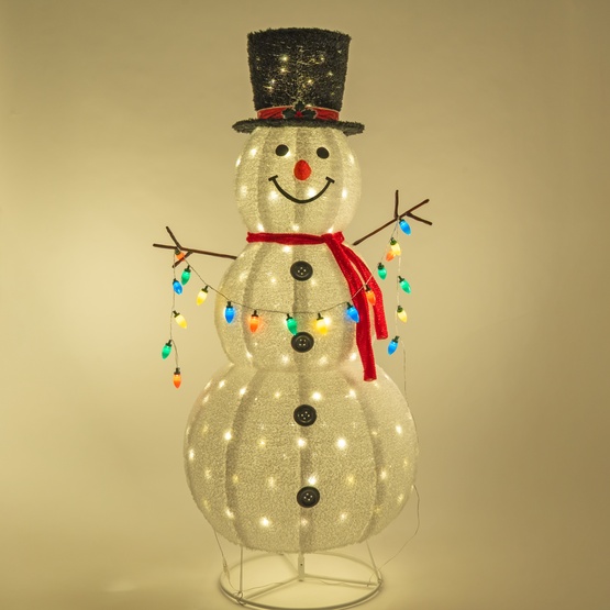 72" LED Snowman With Hat Holding String Lights, Warm White Lights 