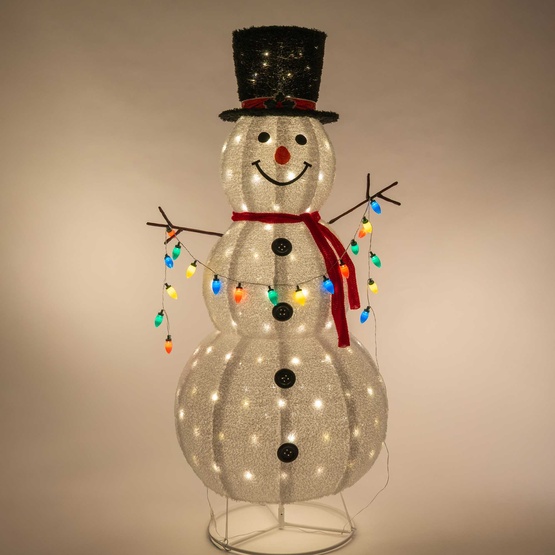72" LED Snowman With Hat Holding String Lights, Warm White and Multicolor Lights