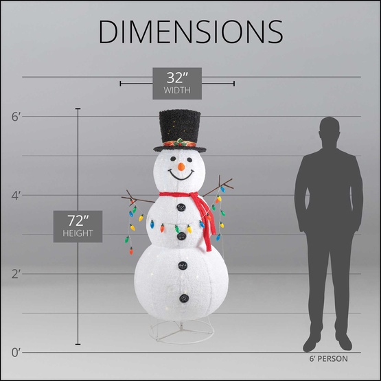 72" LED Snowman With Hat Holding String Lights, Warm White and Multicolor Lights
