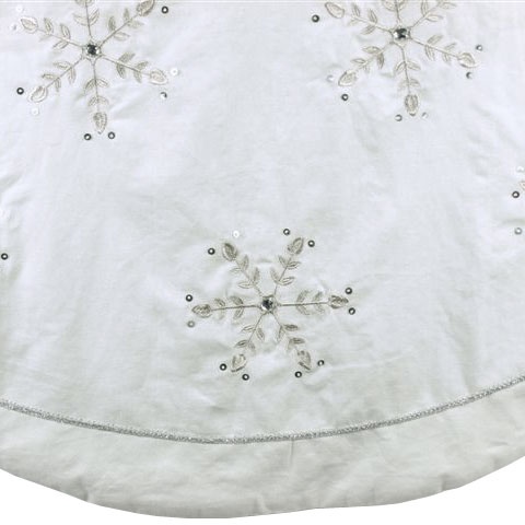 72" White Linen Embroidered Snowflake Jewels Tree Skirt
