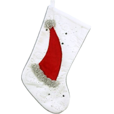 White Velvet Sequin and Beaded Santa Hat Stocking