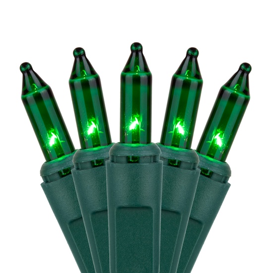 35 Green Mini Lights, 4" Spacing, Green Wire