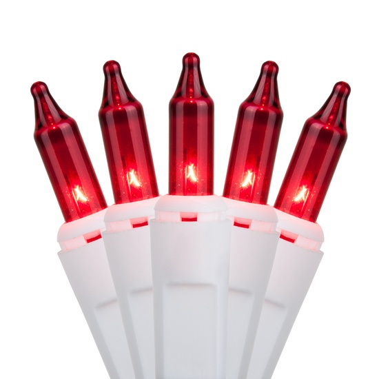 50 Red Christmas Tree Mini Lights, 4" Spacing, White Wire