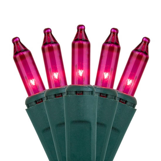 35 Pink Mini Lights, 4" Spacing, Green Wire