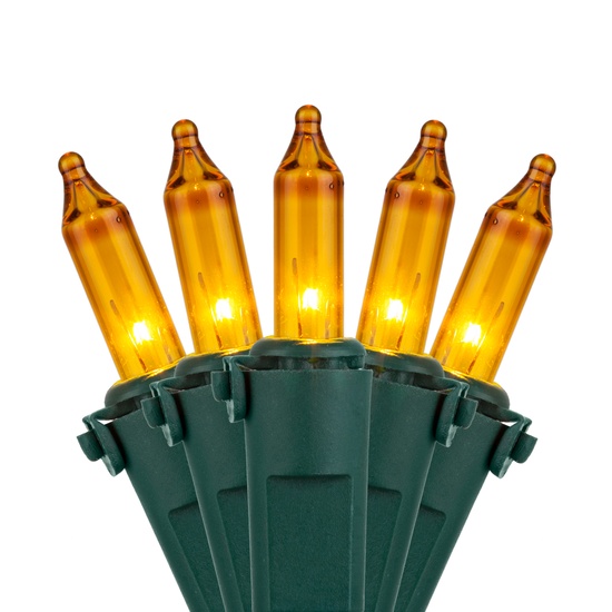 50 Yellow Mini Christmas Lights, 6" Spacing, Premium, Green Wire