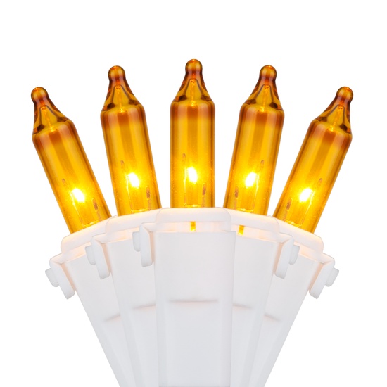 50 Yellow Mini Christmas Lights, 6" Spacing, Premium, White Wire