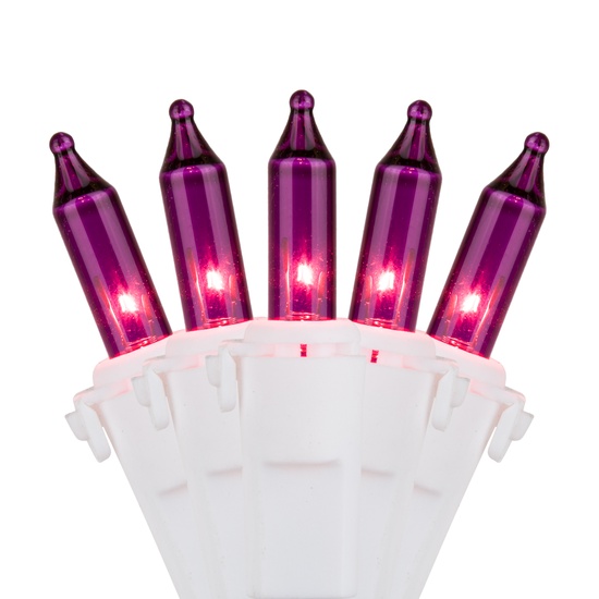 50 Purple Mini Christmas Lights, 6" Spacing, Premium, White Wire